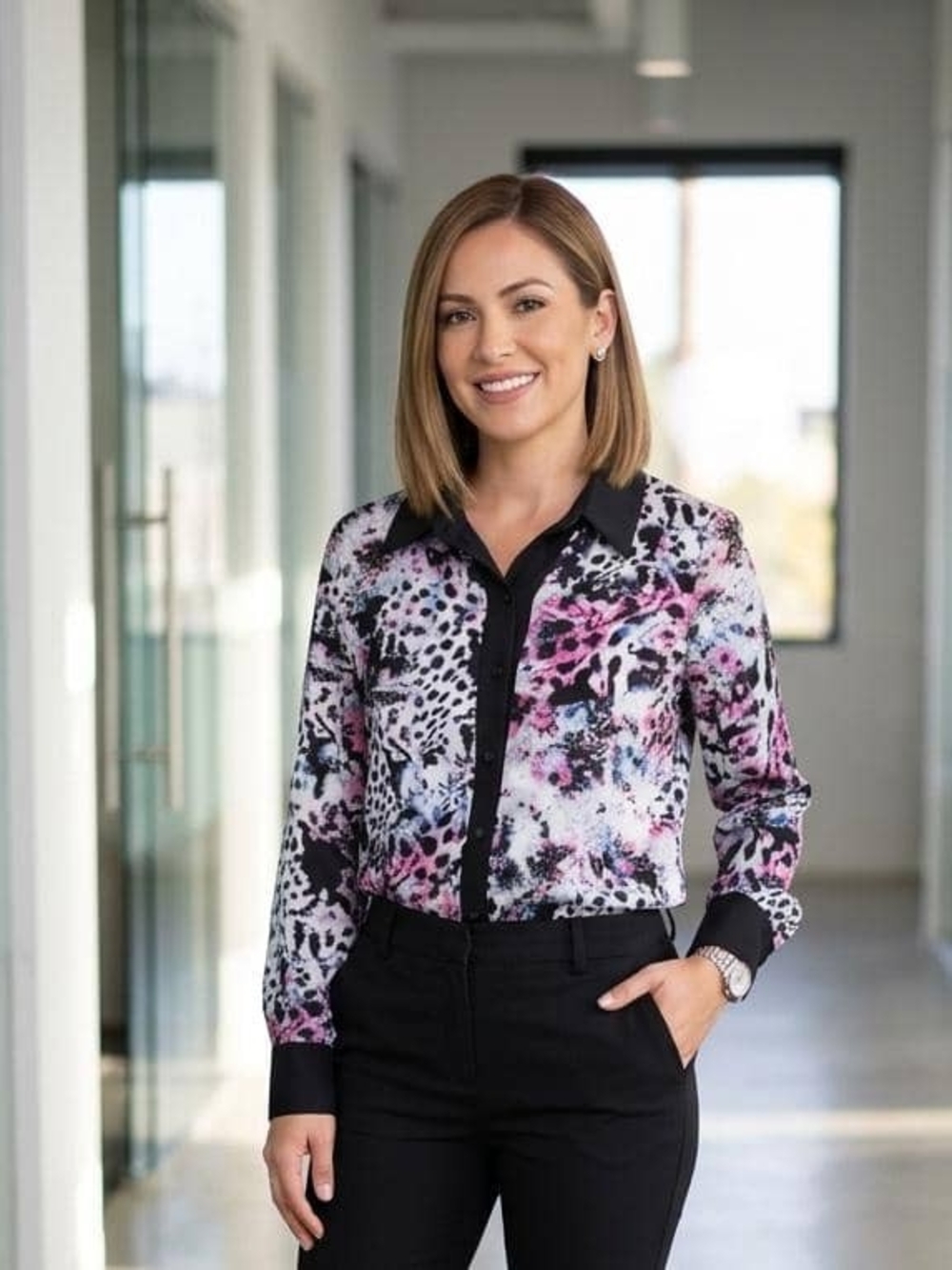 Abstract Pink & Black Print Button-Down Blouse • Size S